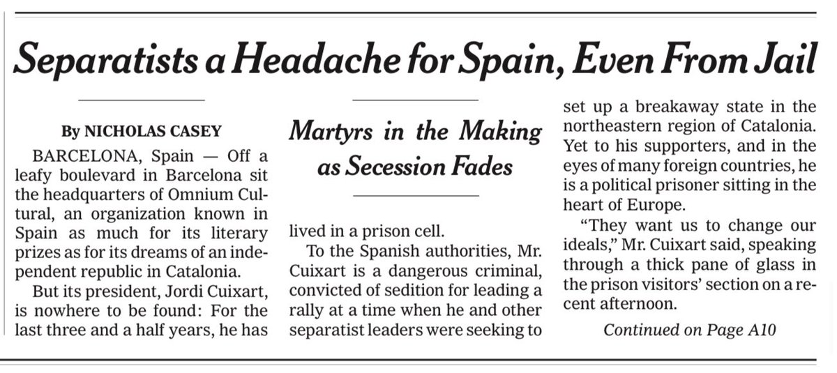 Presos políticos catalães são destaque no New York Times