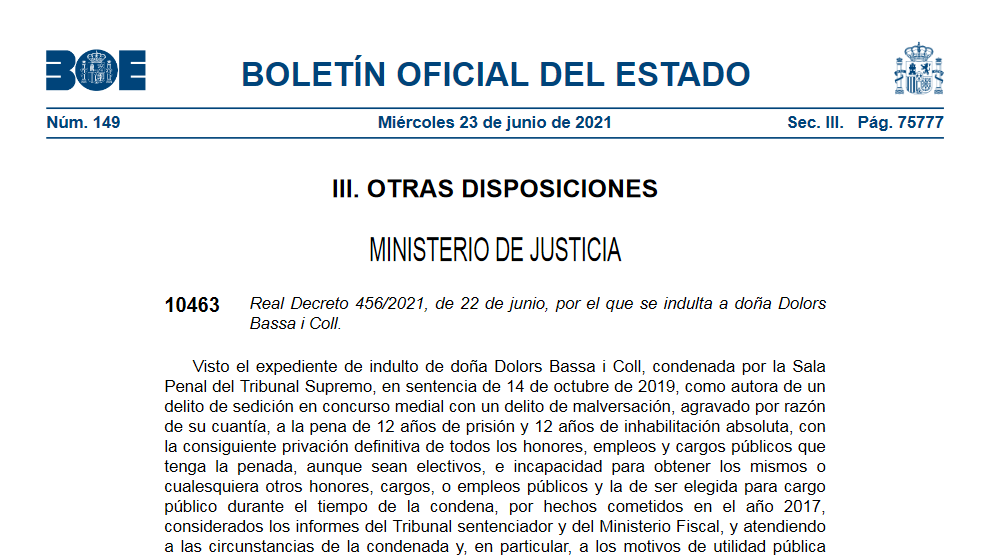 Diário Oficial espanhol publica os indultos aos presos políticos catalães