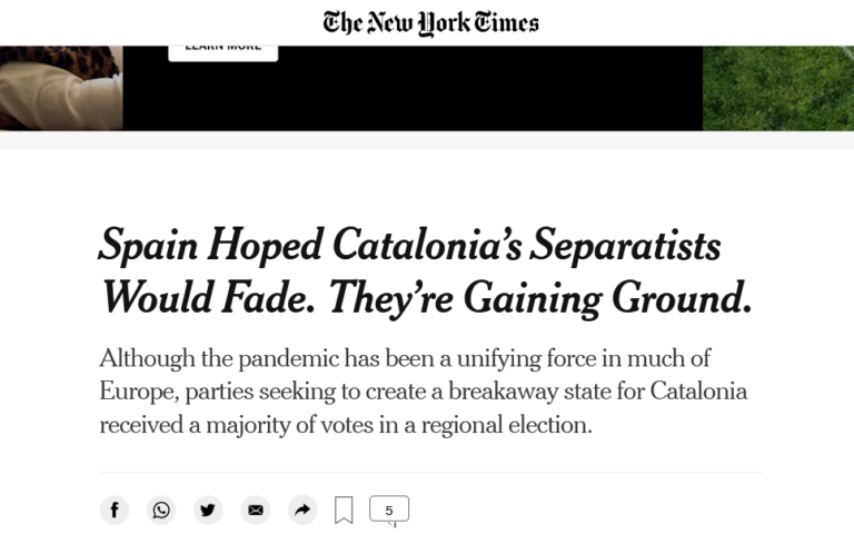 El New York Times destaca el creixement de l'independentisme català